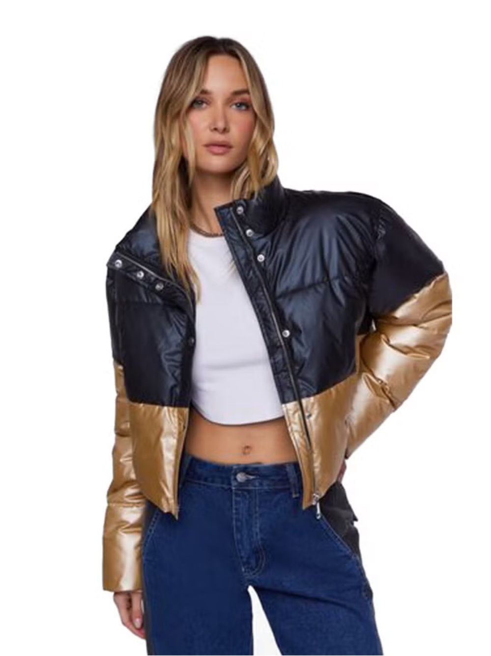 Colorblock Puffer Jacket - Black & Metallic Gold